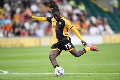 230825 - Newport County v Milton Keynes Dons - Sky Bet League 2 - Michael Reindorf of Newport County has a shot on goal