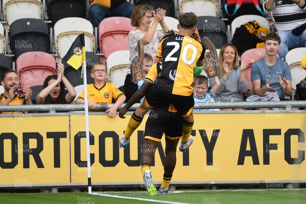 230825 - Newport County v Milton Keynes Dons - Sky Bet League 2 - Habeeb Ogunneye of Newport County scores the first goal of the game and celebrates with Ben Lloyd of Newport County