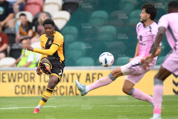 230825 - Newport County v Milton Keynes Dons - Sky Bet League 2 - Bobby Kamwa of Newport County has a shot on goal