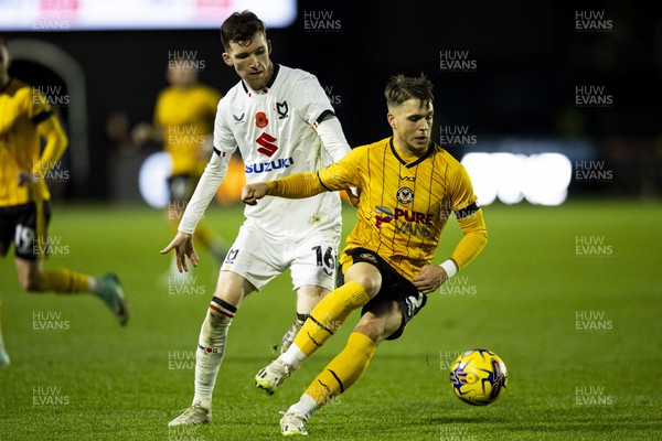 111123 - Newport County v MK Dons - Sky Bet League 2 - Lewis Payne of Newport County in action against Conor Grant of MK Dons