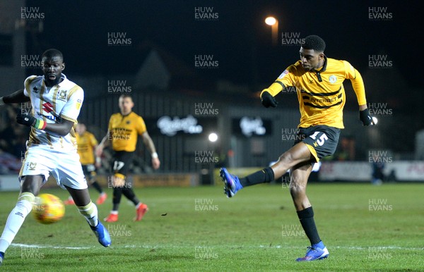 120219 - Newport County v MK Dons - SkyBet League 2 - Tyreeq Bakinson of Newport County tries a shot at goal