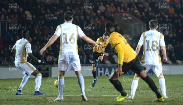 120219 - Newport County v MK Dons - SkyBet League 2 - Mickey Demetriou of Newport County tries a shot at goal
