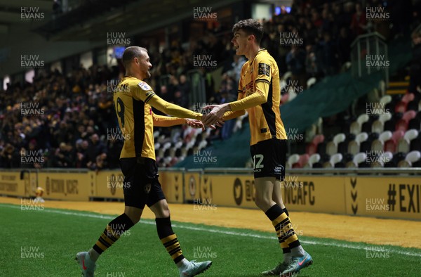 040225  Newport County v Morecambe, EFL Sky Bet League 2 - Joe Thomas of Newport County celebrates with Courtney Baker-Richardson of Newport County after he scores the opening goal