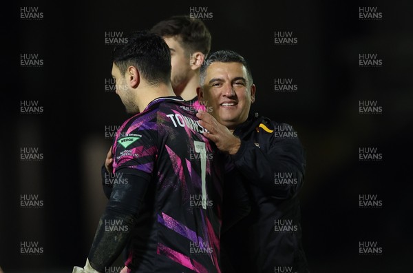 040225  Newport County v Morecambe, EFL Sky Bet League 2 - Newport County head coach Nelson Jardim with Newport County goalkeeper Nick Townsend on the final whistle