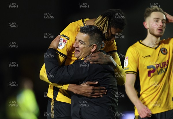 040225  Newport County v Morecambe, EFL Sky Bet League 2 - Newport County head coach Nelson Jardim with Kyle Hudlin of Newport County on the final whistle