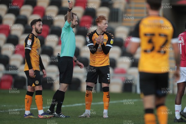051220 - Newport County v Morecambe - Sky Bet League 2 - Ryan Haynes of Newport County appeals to referee Sam Purkiss for a penalty 