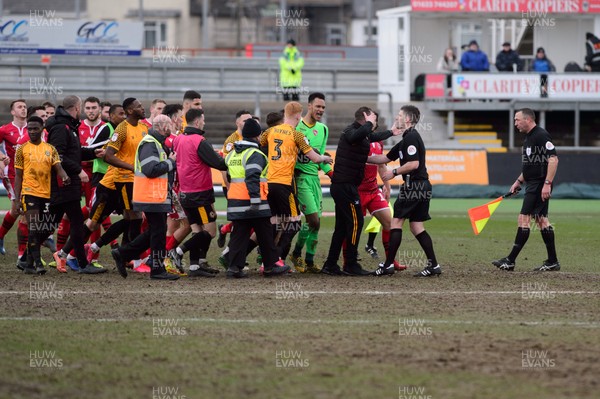 070320 - Newport County v Morecambe - Sky Bet League 2 - Tempers flare after the final whistle as Mike Flynn manager of Newport County remonstrates with referee Neil Hair