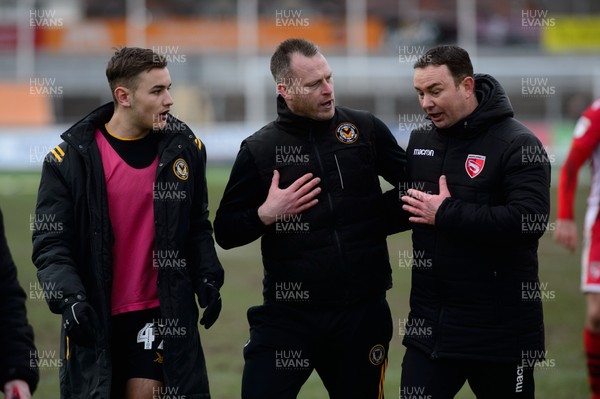 070320 - Newport County v Morecambe - Sky Bet League 2 - Mike Flynn manager of Newport County and Derek Adams manager of Morecambe after the final whistle 