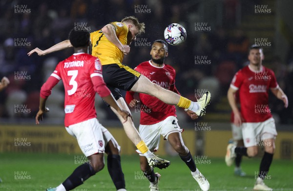 120324 - Newport County v Morecambe, EFL Sky Bet League 2 - Will Evans of Newport County heads at goal