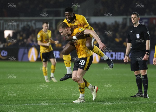 120324 - Newport County v Morecambe, EFL Sky Bet League 2 - Harry Charsley of Newport County celebrates with Offrande Zanzala of Newport County after Charsley scores the fourth goal