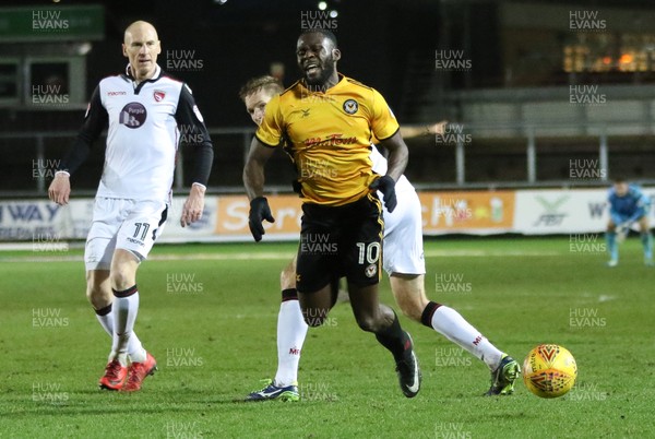 230118 - Newport County v Morecambe, SkyBet League 2 - Frank Nouble of Newport County is brought down by Steven Old of Morecambe