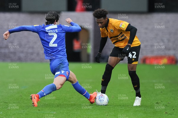 271018 - Newport County v Morecambe  Rovers - Sky Bet League 2 -  Antoine Semenyo of Newport County is tackled by Zak Mills of Morecambe  
