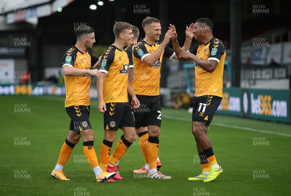 300920 - Newport County v Newcastle United - Carabao Cup - Tristan Abrahams of Newport County celebrates scoring a goal with team mates