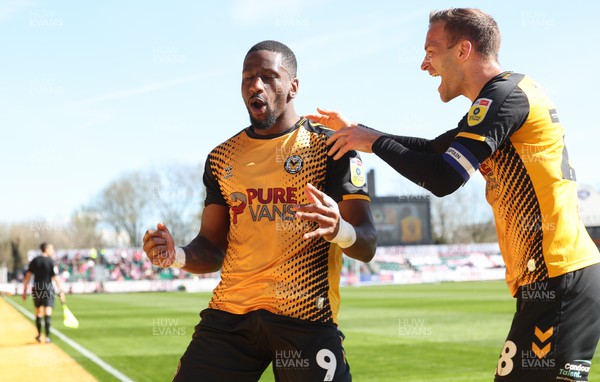 070423 - Newport County v Northampton Town, EFL Sky Bet League 2 - Omar Bogle of Newport County celebrates with Mickey Demetriou of Newport County after he shoots to score the opening goal