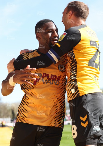 070423 - Newport County v Northampton Town, EFL Sky Bet League 2 - Omar Bogle of Newport County celebrates with Mickey Demetriou of Newport County after he shoots to score the opening goal