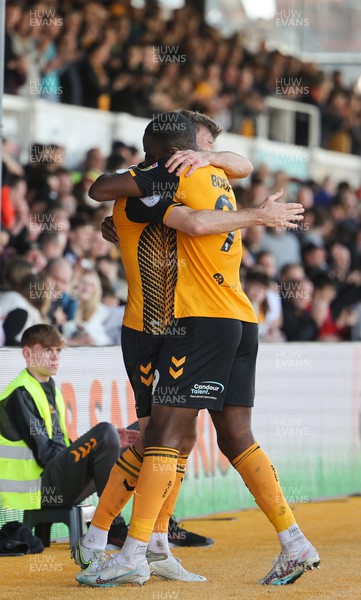 070423 - Newport County v Northampton Town, EFL Sky Bet League 2 - Omar Bogle of Newport County celebrates with Mickey Demetriou of Newport County after he scores the second goal from the penalty spot