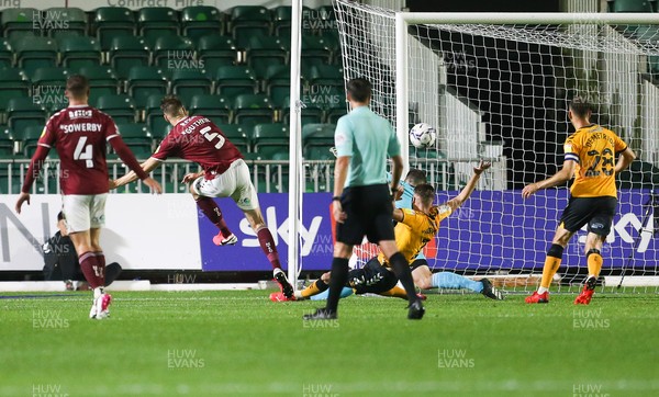 140921 - Newport County v Northampton Town, Sky Bet League 2 - Jon Guthrie of Northampton Town shoots to score the opening goal