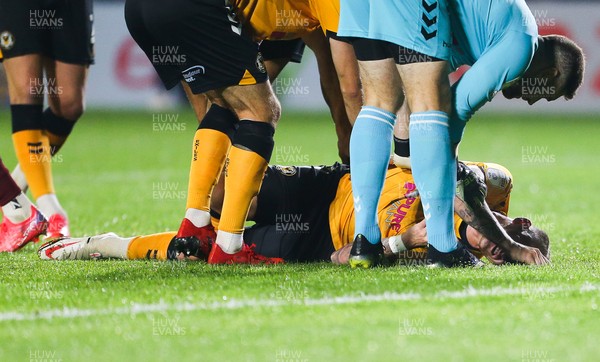 140921 - Newport County v Northampton Town, Sky Bet League 2 -Scot Bennett of Newport County reacts as he goes down with an injury