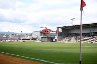 020825 - Newport County v Notts County - Sky Bet League 2 - An Emergency Helicopter lands on the pitch at Rodney Parade after a serious medical incident with a Notts County fan before the match, causing evacuation of the stadium