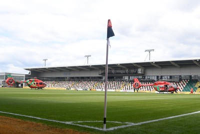 020825 - Newport County v Notts County - Sky Bet League 2 - An Emergency Helicopter lands on the pitch at Rodney Parade after a serious medical incident with a Notts County fan before the match, causing evacuation of the stadium