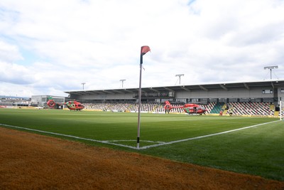 020825 - Newport County v Notts County - Sky Bet League 2 - An Emergency Helicopter lands on the pitch at Rodney Parade after a serious medical incident with a Notts County fan before the match, causing evacuation of the stadium