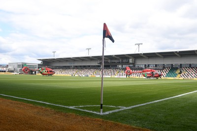 020825 - Newport County v Notts County - Sky Bet League 2 - An Emergency Helicopter lands on the pitch at Rodney Parade after a serious medical incident with a Notts County fan before the match, causing evacuation of the stadium