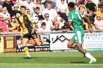 020825 - Newport County v Notts County - Sky Bet League 2 - Joe Thomas of Newport County puts a cross into the box