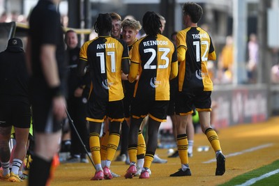 020825 - Newport County v Notts County - Sky Bet League 2 - Ged Garner of Newport County celebrates with team mates after he scores the first goal of the game