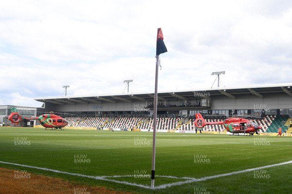 020825 - Newport County v Notts County - Sky Bet League 2 - An Emergency Helicopter lands on the pitch at Rodney Parade after a serious medical incident with a Notts County fan before the match, causing evacuation of the stadium