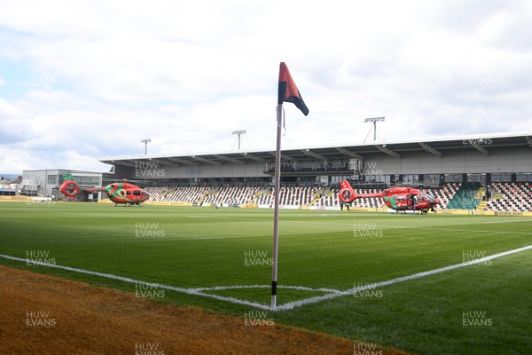020825 - Newport County v Notts County - Sky Bet League 2 - An Emergency Helicopter lands on the pitch at Rodney Parade after a serious medical incident with a Notts County fan before the match, causing evacuation of the stadium