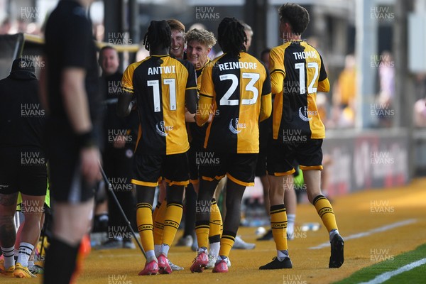 020825 - Newport County v Notts County - Sky Bet League 2 - Ged Garner of Newport County celebrates with team mates after he scores the first goal of the game