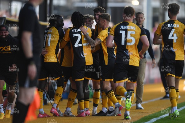 020825 - Newport County v Notts County - Sky Bet League 2 - Ged Garner of Newport County celebrates with team mates after he scores the first goal of the game