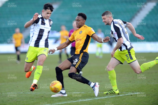 170218 - Newport County v Notts County - Sky Bet League 2 -  Shawn McCoulsky of Newport County is tackled by Noor Husin of Notts County
