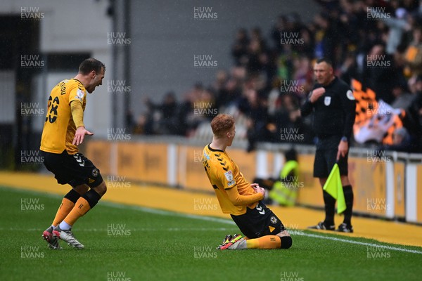 120222 - Newport County v Oldham Athletic - Sky Bet League 2 - Ryan Haynes of Newport County celebrates scoring the opening goal 