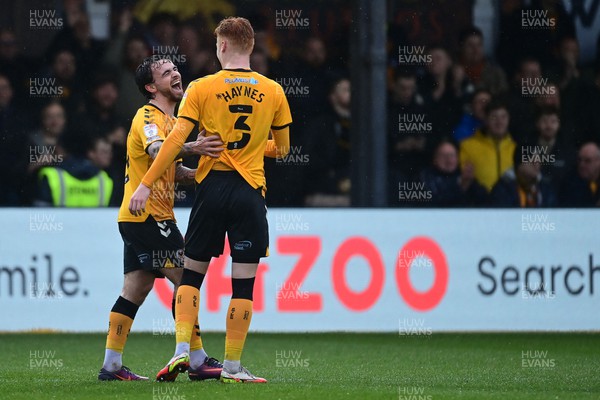 120222 - Newport County v Oldham Athletic - Sky Bet League 2 - Dom Telford of Newport County celebrates scoring his side's second goal with team mate Ryan Haynes of Newport County 