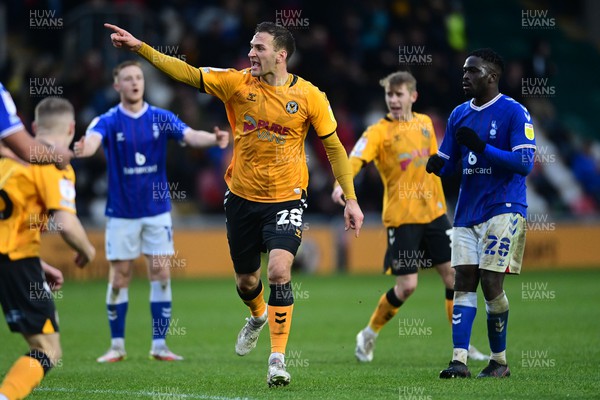 120222 - Newport County v Oldham Athletic - Sky Bet League 2 - Mickey Demetriou of Newport County celebrates scoring his side's equalising goal to make the score 3-3