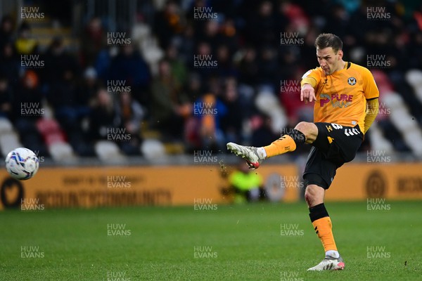 120222 - Newport County v Oldham Athletic - Sky Bet League 2 - Mickey Demetriou of Newport County shoots at goal 