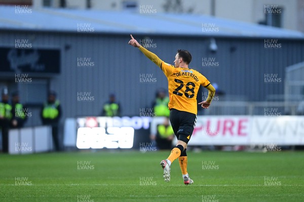 120222 - Newport County v Oldham Athletic - Sky Bet League 2 - Mickey Demetriou of Newport County celebrates scoring his side's equalising goal to make the score 3-3