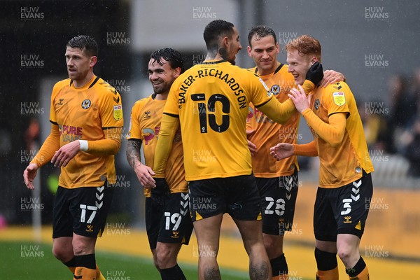 120222 - Newport County v Oldham Athletic - Sky Bet League 2 - Ryan Haynes of Newport County celebrates scoring the opening goal 