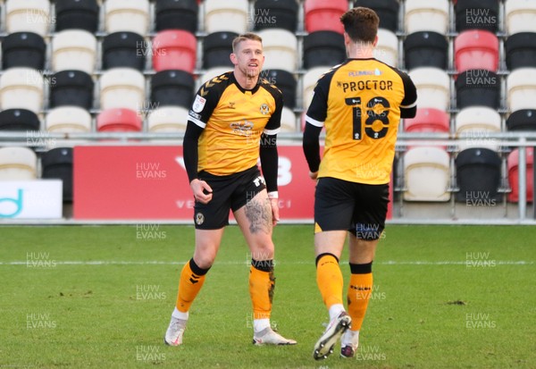 191220 - Newport County v Oldham Athletic, Sky Bet League 2 - Scot Bennett of Newport County celebrates with Jamie Proctor of Newport County after scoring the second goal