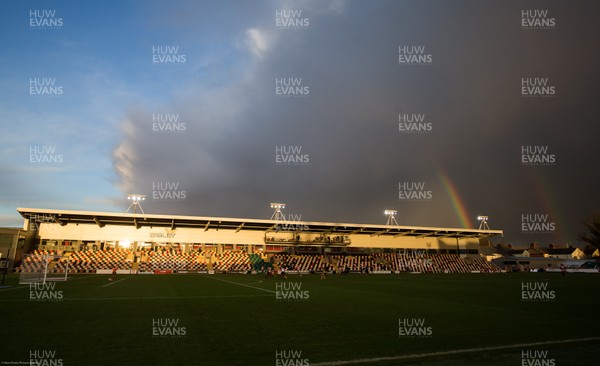 191220 - Newport County v Oldham Athletic, Sky Bet League 2 - A double rainbow starts to appear over Rodney Parade during the match