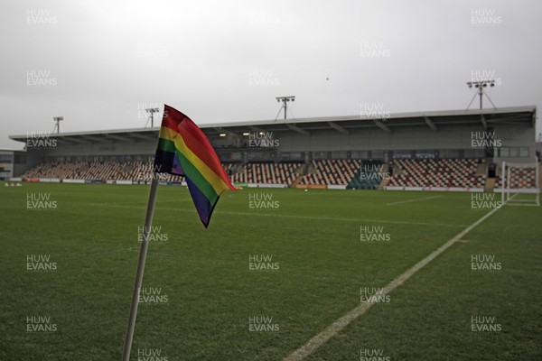 231119 - Newport County v Oldham Athletic, Sky Bet League 2 - A general view of rainbow corner flags in use at Rodney Parade
