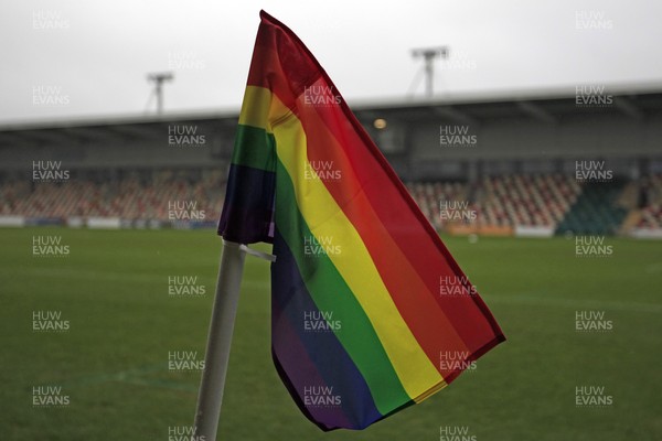 231119 - Newport County v Oldham Athletic, Sky Bet League 2 - A general view of rainbow corner flags in use at Rodney Parade