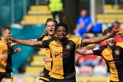 250426 - Newport County v Oldham Athletic - Sky Bet League 2 - Bobby Kamwa of Newport County celebrates after scoring