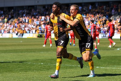 250426 - Newport County v Oldham Athletic - Sky Bet League 2 - Bobby Kamwa of Newport County celebrates after scoring