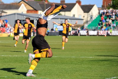 250426 - Newport County v Oldham Athletic - Sky Bet League 2 - Bobby Kamwa of Newport County celebrates after scoring