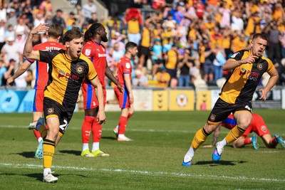 250426 - Newport County v Oldham Athletic - Sky Bet League 2 - Ben Lloyd of Newport County celebrates after scoring