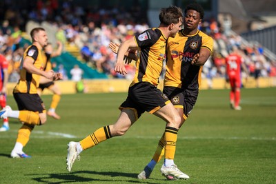 250426 - Newport County v Oldham Athletic - Sky Bet League 2 - Ben Lloyd of Newport County celebrates after scoring