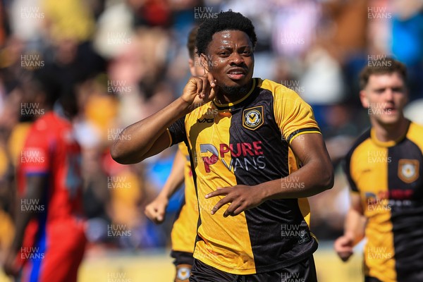 250426 - Newport County v Oldham Athletic - Sky Bet League 2 - Bobby Kamwa of Newport County celebrates after scoring