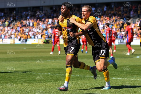 250426 - Newport County v Oldham Athletic - Sky Bet League 2 - Bobby Kamwa of Newport County celebrates after scoring
